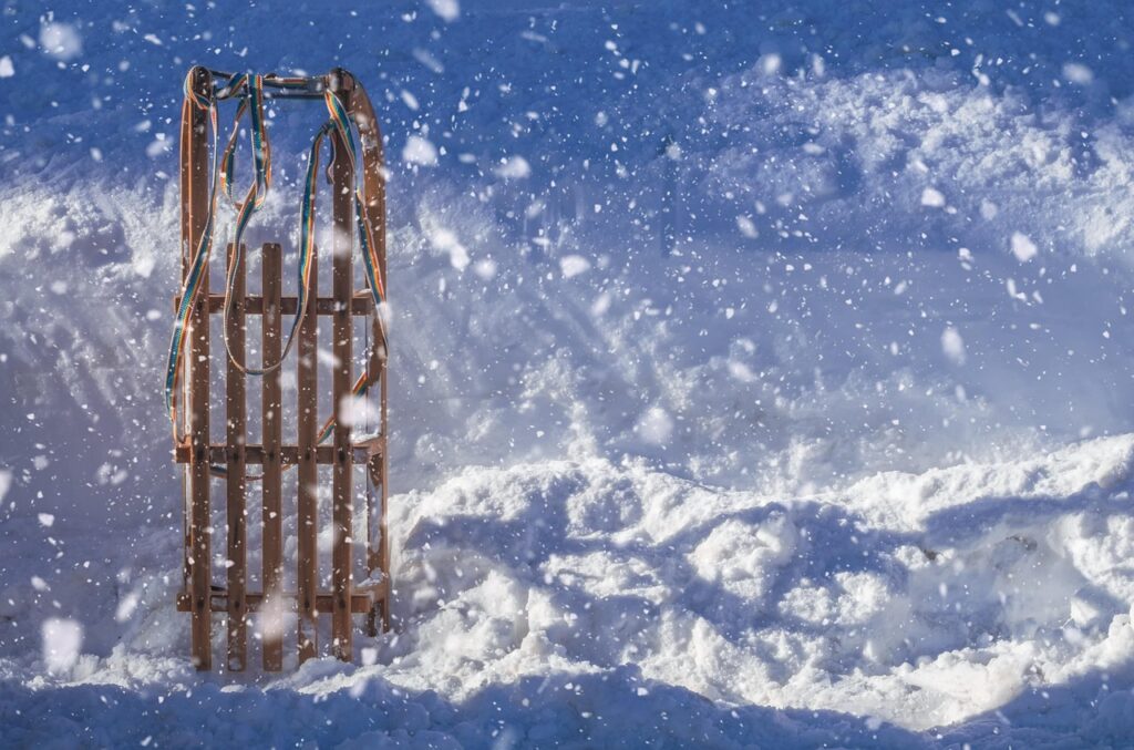 sleds, nature, snow, fun, toboggan, snowfall, winter, cold, winter magic, christmas motif, greeting card