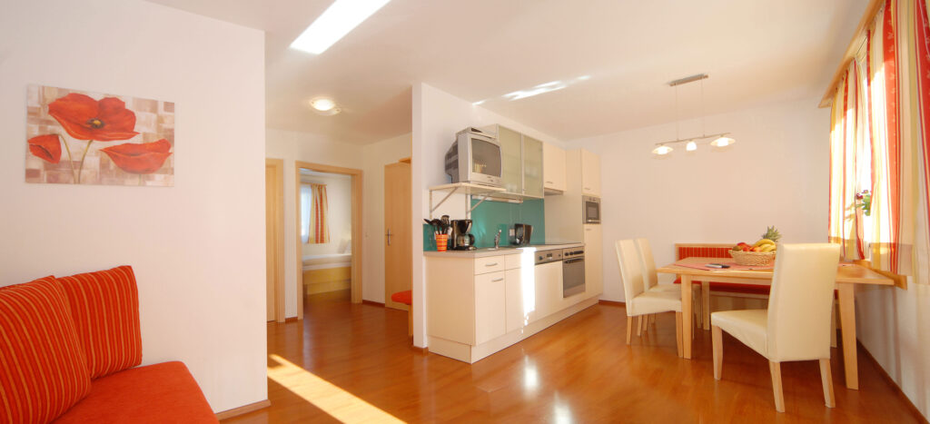 Wohnbereich und Küche im Erdgeschoß-Apartment